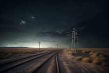 A Train Track In The Middle Of A Desert Under A Dark Sky With A Telephone Pole In The Distance And A Telephone Tower In The Distance. Generative Ai