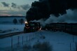 locomotive releases black smoke from chimney and drags polar express train. Generative AI