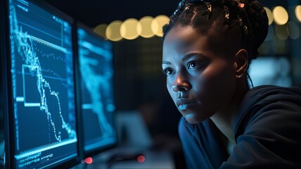African American woman programmer looking at lines of code on a screen Generative AI