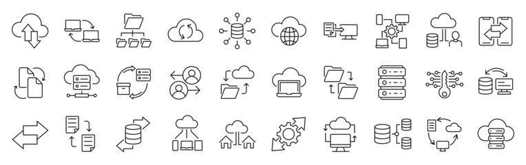 set of 30 line icons related to data exchange, traffic, files, cloud, server. outline icon collectio