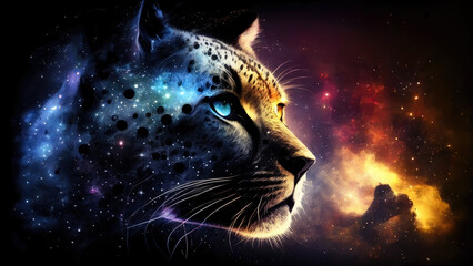 Poster - Leopard in fire cosmic space. gnerative ai.