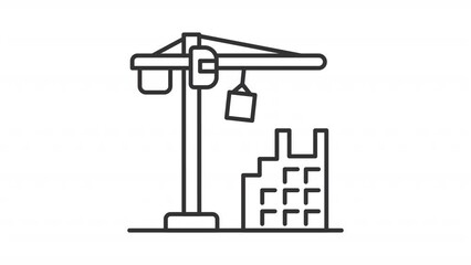 Wall Mural - Building construction line animation. Tower crane working. Home loan. Real estate development. Seamless loop HD video with alpha channel on transparent background. Animated outline icon
