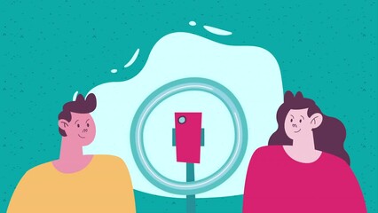 Wall Mural - vlogers couple with smartphone animation
