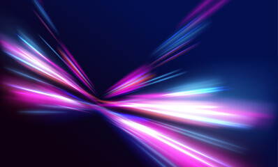 Poster -  Speed lights motion background, cityscape and rail track in tokyo from speed train. Illustration of light ray, stripe line with blue light.