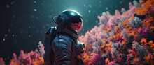 Generative Ai Illustration Of An Astronaut On A Strange Planet With Unknown Pastel Colored Plants