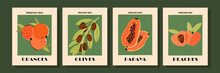 Retro-style Fruit Art Print, Vegan, Vegetarian Food, 1920s Kitchen Poster Set. Papaya, Peach, Olives, Oranges Wall Art.