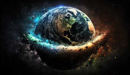 Wall Mural - planet in space, the earth in galaxy, digital technology concept by generative AI.