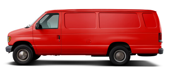 Wall Mural - Classic American red cargo van. Side view on a transparent background in PNG format.