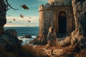 Boho girl exploring cliff with ocean views and tomb entrance, lighthouse birds. Generative AI