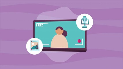 Wall Mural - female vloger in smartphone animation