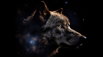Poster - Wolf in cosmic space. gnerative ai.