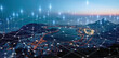 © C Malambo/peopleimages.com - City, landscape and overlay in night for network, connectivity or iot infrastructure development in Cape Town. Metro, cbd and skyline with 3d holographic for cloud computing, connection or innovation