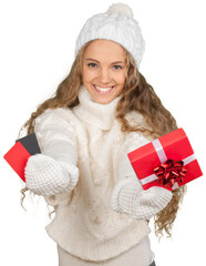 Canvas Print - Young Woman In Winter Clothes Holding Present And Cards - Isolated