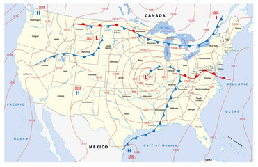  Fictional map of North America with isobars and weather fronts. Meteorological forecast.
