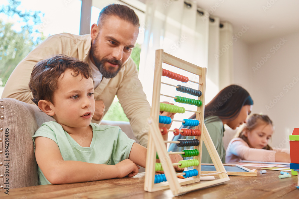 Start Math Dad Education, home school and father with his child with abacus helping ...