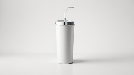 Mockup of a blank white slender tumbler with a straw and a grey background. 