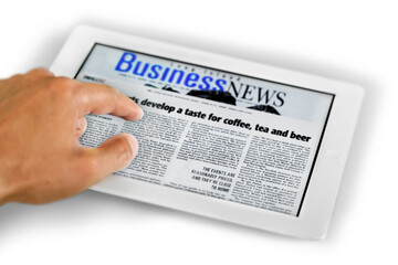 Sticker - Man with  digital tablet and business news on on background