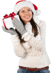 Canvas Print - Young Woman Santa Hat Holding Present - Isolated