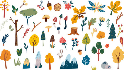 Wall Mural - Forest plants clipart collection. Wild botanical set. Hand drawn woodland trees, herbs, mushrooms, flowers, branches, berries, leaves. Coniferous and deciduous. Vector cartoon illustration.