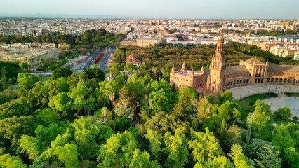 Sticker - Plaza de Espana in Sevilla at sunset. Spanish Square in Sevilla old town, Spain travel photo. Most popular touristic attraction