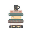 Pile of vintage books with a mug on the top. Standing books composition isolated on white background. Home library. Vector illustration