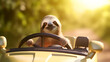 Smiling sloth driving car in sunny day, de focused rural landscape on background. Generative AI