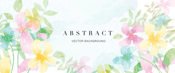 Abstract floral art background vector. Botanical watercolor hand drawn flowers paint brush line art. Design illustration for wallpaper, banner, print, poster, cover, greeting and invitation card.
