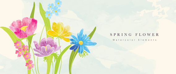 Spring floral art background vector. Botanical watercolor hand drawn flowers, leaves, plants. Blossom design illustration for wallpaper, banner, print, poster, cover, greeting and invitation card.