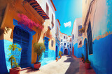 Fototapeta Uliczki - Street view of historic Morrocan alley with colorful houses (Generative AI)