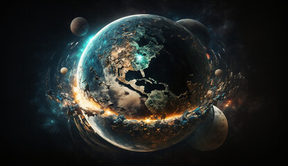 Wall Mural - planet in space, the earth in galaxy, digital technology concept by generative AI.
