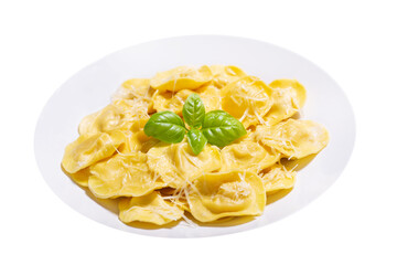 Sticker - plate of ravioli with parmesan and green basil isolated on transparent background