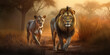 Lion and lioness walking on the savannah in the wild, close-up. Generative AI