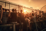 Fototapeta  - Ultras Hooligans Football Fans in the Stadium by Sunset