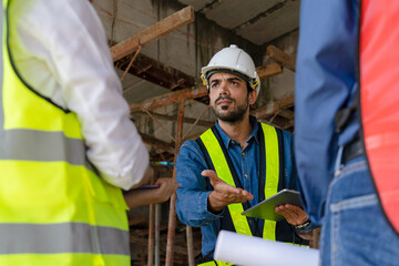 engineer manager angry at his architect foreman and team due to risk mistake while inspecting material of infrastructure construction sustainable green building at site preparation