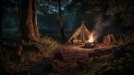 Teepee with a campfire in the woods at night. Generative AI