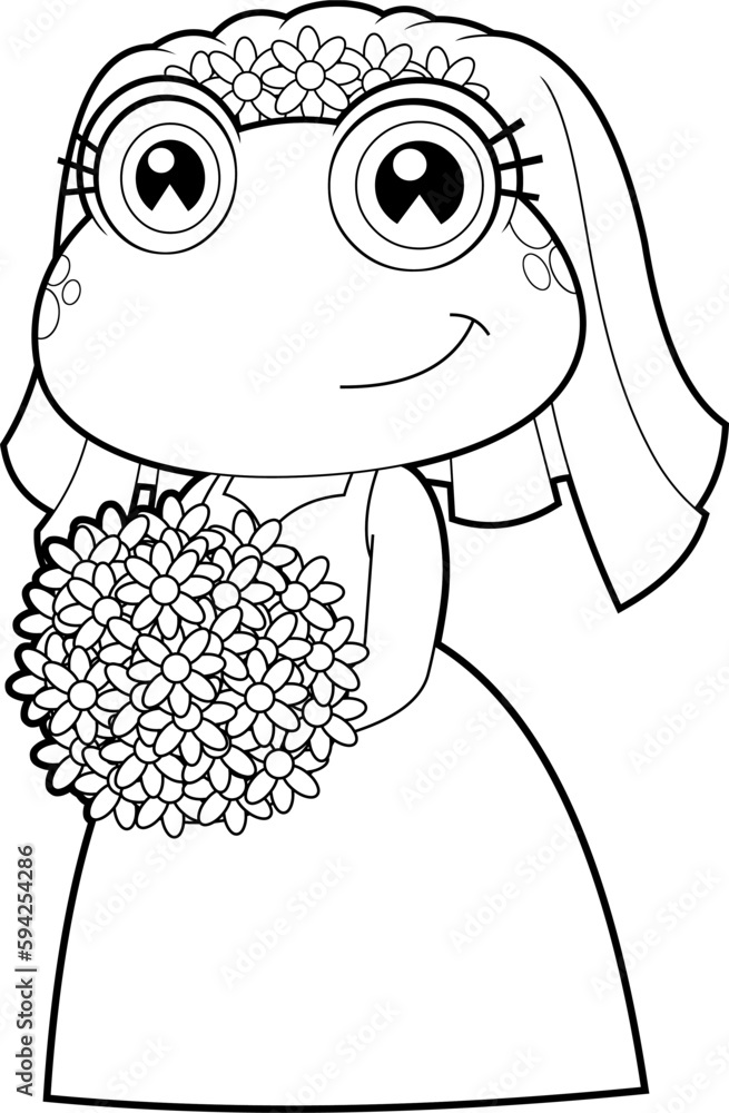 Outlined Cute Female Bride Frog Cartoon Character. Vector Hand Drawn ...