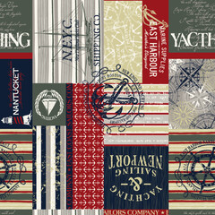 Nautical yachting sailing sign symbol elements and fabric patchwork wallpaper abstract marine vector seamless pattern 