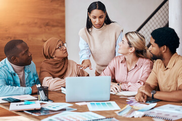 Sticker - Meeting, strategy and business woman in a presentation talking and planning startup company data or paperwork. Diversity, discussion and group of people, team or employees brainstorming for teamwork