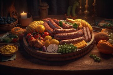 Wall Mural - italian fried sausage and vegetables on a wooden board. ai generative