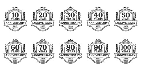 Wall Mural - 10, 20, 30, 40, 50, 60, 70, 80, 90, 100 years anniversary icon or logo. Vintage birthday banner design with laurel wreath. 10th anniversary yubilee celebration badge or label collection. Vector illust