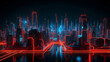 Abstract neon city at night with red blue glowing lights, background. Geometric shapes and lines. Generative AI.