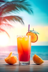 Non-alcoholic orange summer cocktail with summer beach on a background. Summer refreshing drink concept. Generated AI