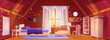 © klyaksun - Attic girl bedroom interior with desk cartoon background. Teenage student room with bed and mirror. Girly modern student workspace on mansard. Cockloft apartment with garland and forest view in window
