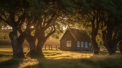 Wall Mural - Picturesque Icelandic wooden cottage, serene forest, vibrant green foliage. generative ai