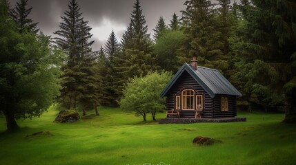 Wall Mural - Picturesque Icelandic wooden cottage, serene forest, vibrant green foliage. generative ai