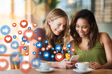 Poster - Cafe, social media icon or women with phone for communication, text post or online dating chat. Coffee, girls or happy friends on mobile app website or digital network with smile, like or heart emoji