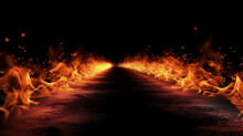 Blazing Flames And Road On Fire Over Black Background. Generative AI.