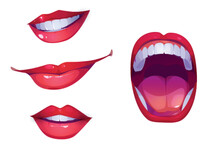 Woman Mouth Illustration Vector Set. Cartoon Female Lips With Scream And Smile Emotion. Isolated Girl Lip, Tongue And Teeth Expression For Yelling And Screaming. Young Shouting Lady Drawing.