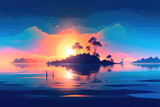 Fototapeta Zachód słońca - Sunrise Landscape, with paradise island. Peaceful Contemporary Background with blue Gradient Sky. Generative AI