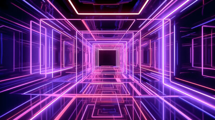 A glowing tunnel with neon lines and a square portal was created - generative ai.